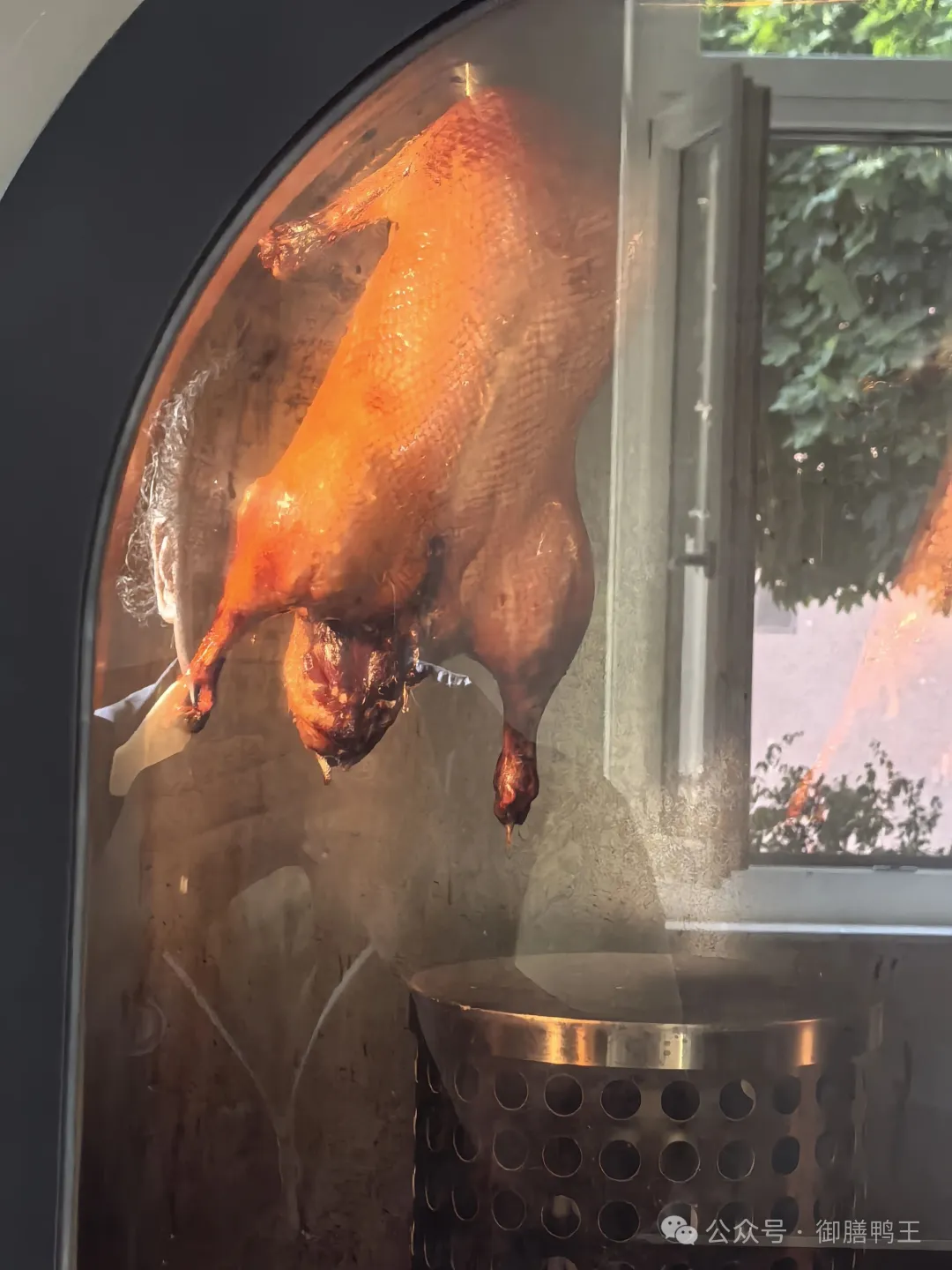 Finished roast duck hanging in the oven during roasting.